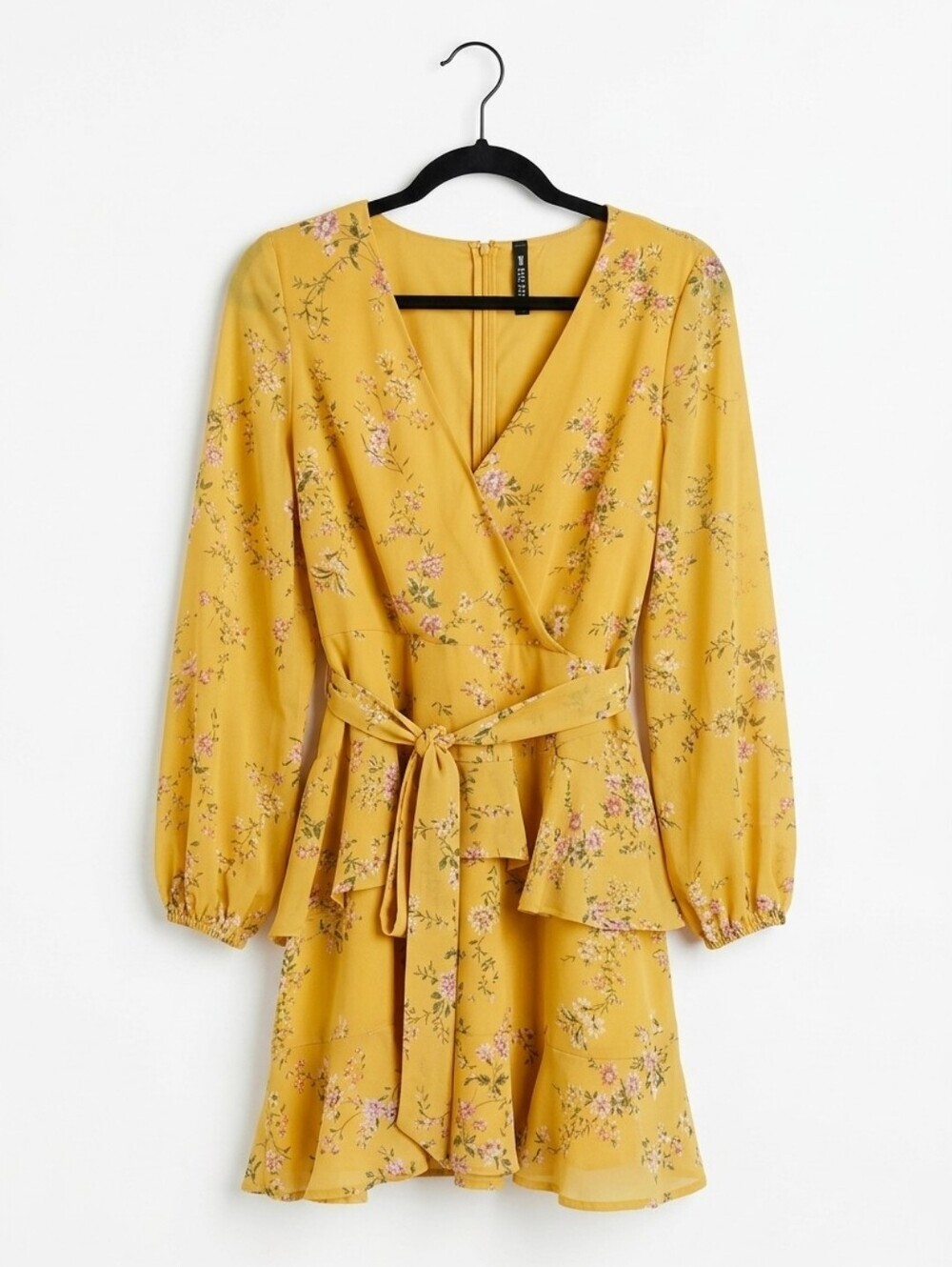 Design Lab Lord & Taylor Mustard Yellow Floral Wrap-Style Mini Dress